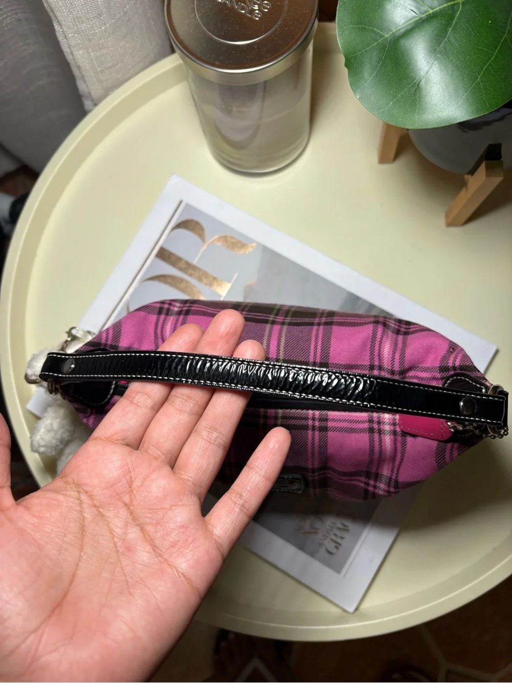 Coach Pink Plaid Mini Shoulder Bag with Teddy Charm